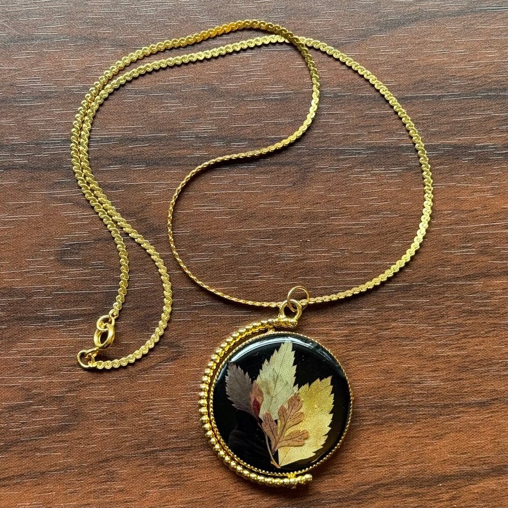 Double Sided Gold Tone Resin Leaf Necklace